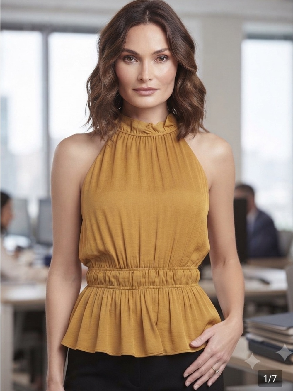NWT Nine West Mustard Yellow Halter Silky Tank Sleeveless Blouse